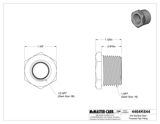Technical drawing of 304 Stainless Steel Threaded Pipe Fitting, High-Pressure, Bushing Adapter, 1 Male x 1/2 Female NPT.